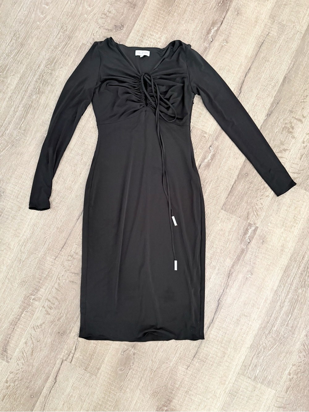 Halston Black Ruched V-Neck Long Sleeve Midi Dress Size 4